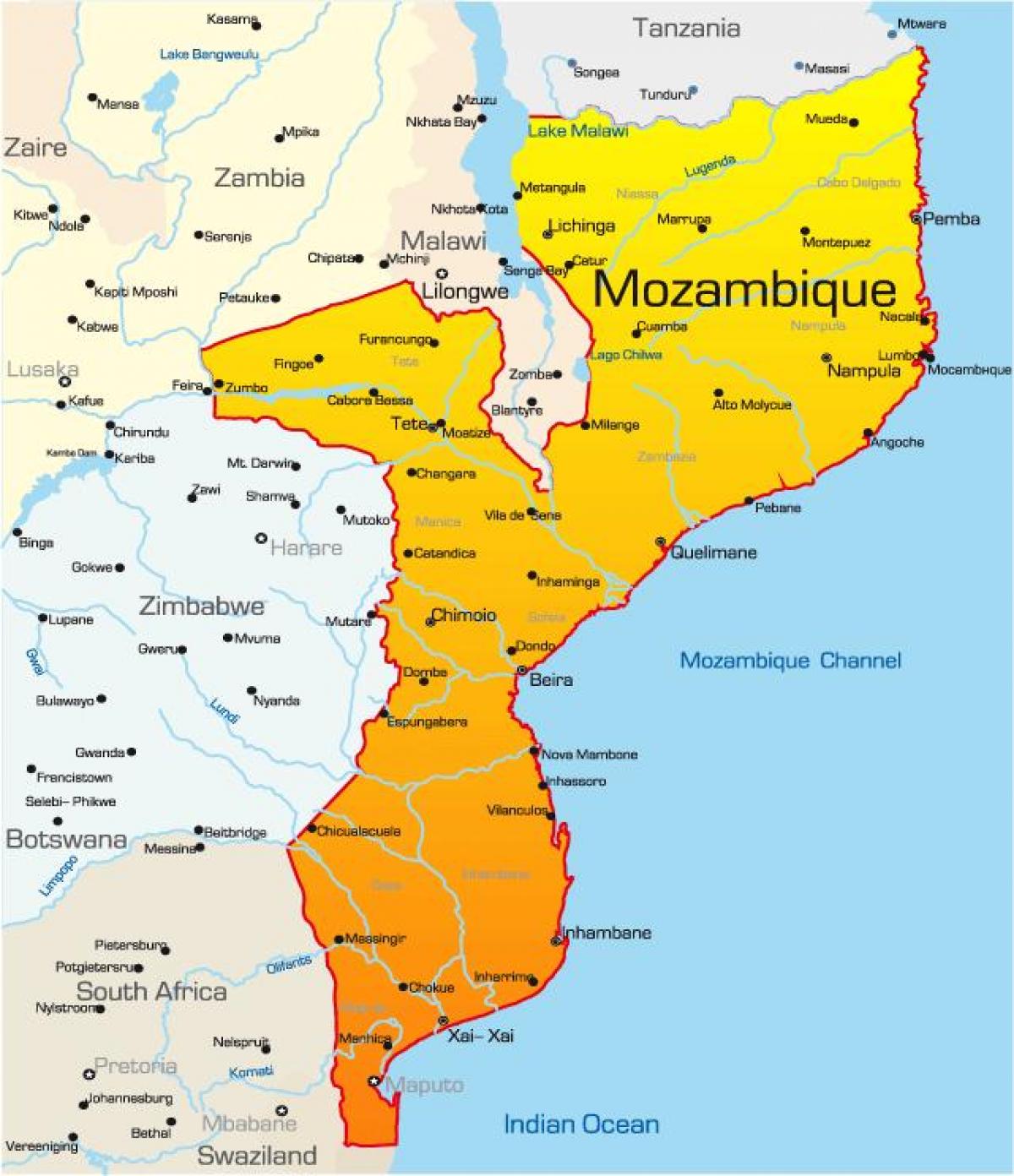 نقشہ کے موزمبیق کے ساتھ نقشہ فاصلے