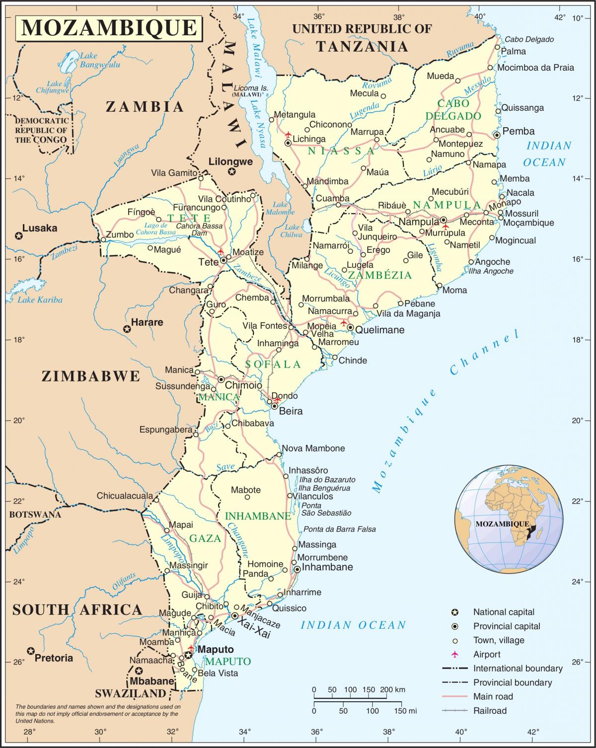 ہوائی اڈوں میں موزمبیق کے ایک نقشے پر